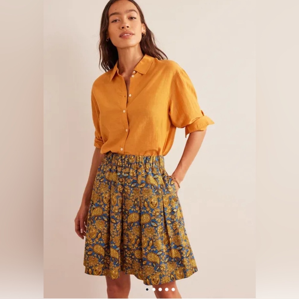 NEW Boden | Pleated‎ Cotton Skirt Harvest Gold Paisley Terrace Pockets Sz 6
